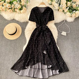 Black/White/Red Polka Dot Irregular Pleated Long Dress Women Vintage V-Neck Short Sleeve Ruffle Vestidos Spring Summer 2021
