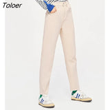 Women Jeans 2022 Autumn Elastic Waist Straight Denim Pants Solid Apricot Retro Chic Casual Streetwear