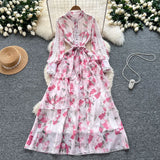 Dress Women 2025 New Fashion Collar Single Buckle Waist Lace Splicing Lotle Side Print