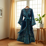 Court Lantern Long Sleeve V-Neck Belt With A Word Print Dress Elegant Swing Dress