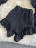 Two Piece Set Women 2023 Summer New High Street Fashion Sexy French Outfits Navel Blouses + Solid Wild Ruffles