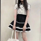 Black Lace Trim Ruffles Mini Skirt-Outfit