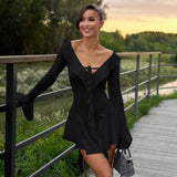 Toloer Women's Wear 2024 Flounce Pointed Collar Tied Rope Horn Sleeve Dress-Outfit