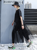 Women Black Mesh Irregular Lonng Big Size Dress New Round Neck Short Sleeve Loose Fit Fashion Spring Summer 2023