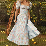 Dress Women Flroal Printed Maxi Dresses Short Puff Sleeve Drawstring Ruched Party High Split Vestidos Long Sexy