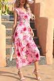 Fashion Floral Printed Long Dress For Women Sleeveless Elastic Waist Beach Dress Women 2023 New V-Neck Holiday Boho
