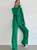 Women Casual Knitted Suits Elegant O-Neck Pullover Tops And Wide Leg Trousers 2 Piece Set 2022 Fashion Warm