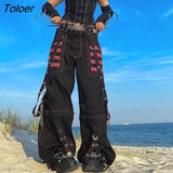 Punk Chain Bandage Wide Leg Pants 90s Baggy Pant Women Oversize Low Rise Y2k Academic Pants Streetwear E-girl