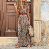 Long Maxi Dresses Women V Neck Fashion Paisley Print Sundress Belt Hem Casual Elegant Robe Femme Vintage Beach