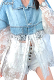 New Summer Fashion Stitching Lace Embroidery Large Size Denim Jacket Women's Coat Loose Perspective Tops Denim