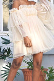 Off Shoulder Ruffle Loose Beach Dress Women Casual Slash Neck Ladies Mini Dress Elegant Sheer Long Sleeve Mesh Party