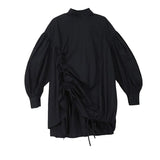 Women Back Long Drawstring Big Size Blouse New Satnd Collar Long Sleeve Loose Fit Shirt Fashion Spring Autumn 2023