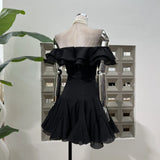 Gentle Lotus Leaf Petal Word Collar Solid Fairy Short Dress Waist Niche Hip Party Elegant