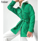 Women's Winter Plaid Quilted Jacket Thick Warm Belted Long Coat Vintage Green Loose Outerwear Oversize Streetwear Female