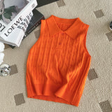 Chic Summer French Niche Polo Collar Sleeveless Knitted Top Girl Slime With Solid Color