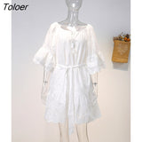Chic Eyelet Lace Embroidery Mini Dress Ruffle Sleeve Tassle V-Neck Boho Casual Beach Dress Summer Women Clothing