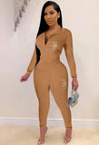 Khaki Beading Letter Long Sleeve 2 Piece Pant Set