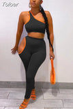 Color Fitness 2 Piece Workout Sets 2023 Woman One Shoulder Sleeveless Tank Crop Top and Side Cut Out Skinny Legging