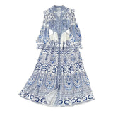 And Autumn Retro Court Style Lotus Leaf Side V-Neck Single Buckle Lantern Sleeves To Close The Waist A Word Print Dress