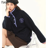 Women Fleece Sweatshirt 2022 Winter Long Sleeve Stand Collar Loose Hoodie Color Contrast Casual Streetwear