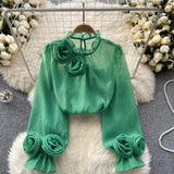 Shirt Female Design Sense Small Three-Dimensional Flower Bubble Sleeves To Reduce The Age Of Pure Color Chiffon Shirt Women's Long-Sleeved