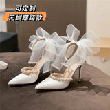 Graduation party Womens Pointy Toe Bow Mesh Stilettos High Heel Rhinestones Crystal Pumps Shoes Wedding Bridal Party Sexy Black White