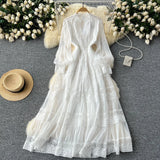 Retro V-Neck Lace To Receive Waist Long Sleeve Dress Female Thin High Sense Elegant Long