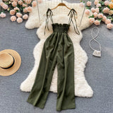 French Style Sexy Women Dress Summer 2022 Elastic Waist Pocket Temperament Elegant Solid Wide Leg Pants