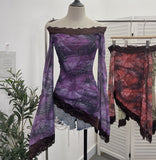 Leopard Print Lace Spliced Double-Layer Mesh Shoulder Irregular Loudspeaker Top