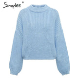 Winter lantern sleeve knitted sweater pullover Women loose round neck red sweater Female autumn casual sweater