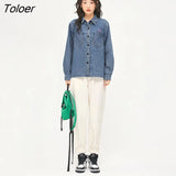 Women Denim Shirt 2022 Autumn Long Sleeve Polo Neck Loose Blouse Floral Print Classic Elegant Vintage