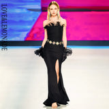 Graduation Party Dress Gift Black Strapless Cut Out Feather Long