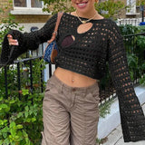 Hollow Out Cropped Knit Sweater Women Fairy Grunge Long Sleeve Top Vintage Loose Distressed Crochet Pullovers Cover-up