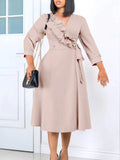 Women's Dress 2025 New Fashion Temperament Pure Color V Collar Folds High Waist Big Dress Dress