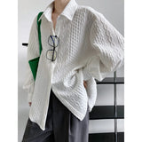 Women's Twist Textured Button Down Oversized Shirt Jacket White Khaki Autumn Winter Loose Polo's Neck Knit