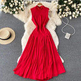 Summer Women Pleated Long Dress Vintage Stand Collar Sleeveless High Waist Draped Patchwork Vestidos Female Green/Red Robe