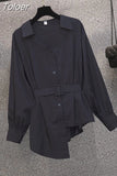 New Elegant Women's Pants Set Personalized Chiffon Shirt Top Black Trousers Two Piece Set Female