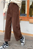 Corduroy Pants High Waist Spring coffee Straight Trousers Causal Pockets All Match Female Black Korean