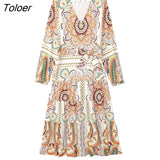 Vintage Women Long Sleeve Printed Dress Casual V-neck Lace-up Floral Long Dress Bohemian Fashion Vacation Beach