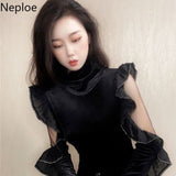 Sexy Hollow Out Blouse Women 2023 Korean Fashion Shirt Elegant Ruffles Velvet Blusas De Mujer Black Turtleneck
