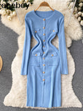 Women Knitted Pencil Dress Korean Long Sleeve Elastic Slim Dress Autumn Winter Sexy Bodycon Warm Sweater