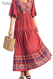 Beach Long Dress Women Clothes 2023 Summer Button V-neck Flared Sleeves Dresses Boho Hippie Chic Maxi Dress