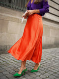 Elegant Women Satin Skirt Pink 2022 High Waist Long Skirts Vintage Orange Silkly Skirts A-Line Ladies High