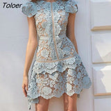 Lace Women's Dress Blue Green High Waist Irregular Mini Dress Vestido Woman Short Sleeve Runway Sexy Party