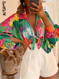 New Printed Lantern Long Sleeve Blouse 2023 Summer Fashion Casual Lapel Top Shirt Female Breathable Chiffon Cardigan 319-0-Outfit