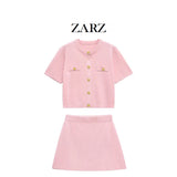 Homemade New Women's Classic Short Sleeve Knitted Blouse Flat-Pin Miniskirt