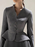 Fashion Women's 2 Pcs Set V-neck Long Sleeve Spliced Grey Blazer Loose High Waist Folds Skirt Suits Autumn 2023 New