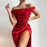 Stretch Satin Elegant Dress Women High Split Deep V Neck Sexy Party Dress 2022 Summer Dresses With Fishbone