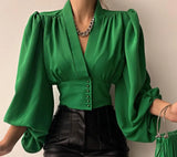 Explosion Spring New Temperament Button V-Neck Lantern Sleeve