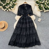 Retro Court Dress Women's Waist Thin Temperament Bubble Sleeve Lace Splicing Big Swing Dress